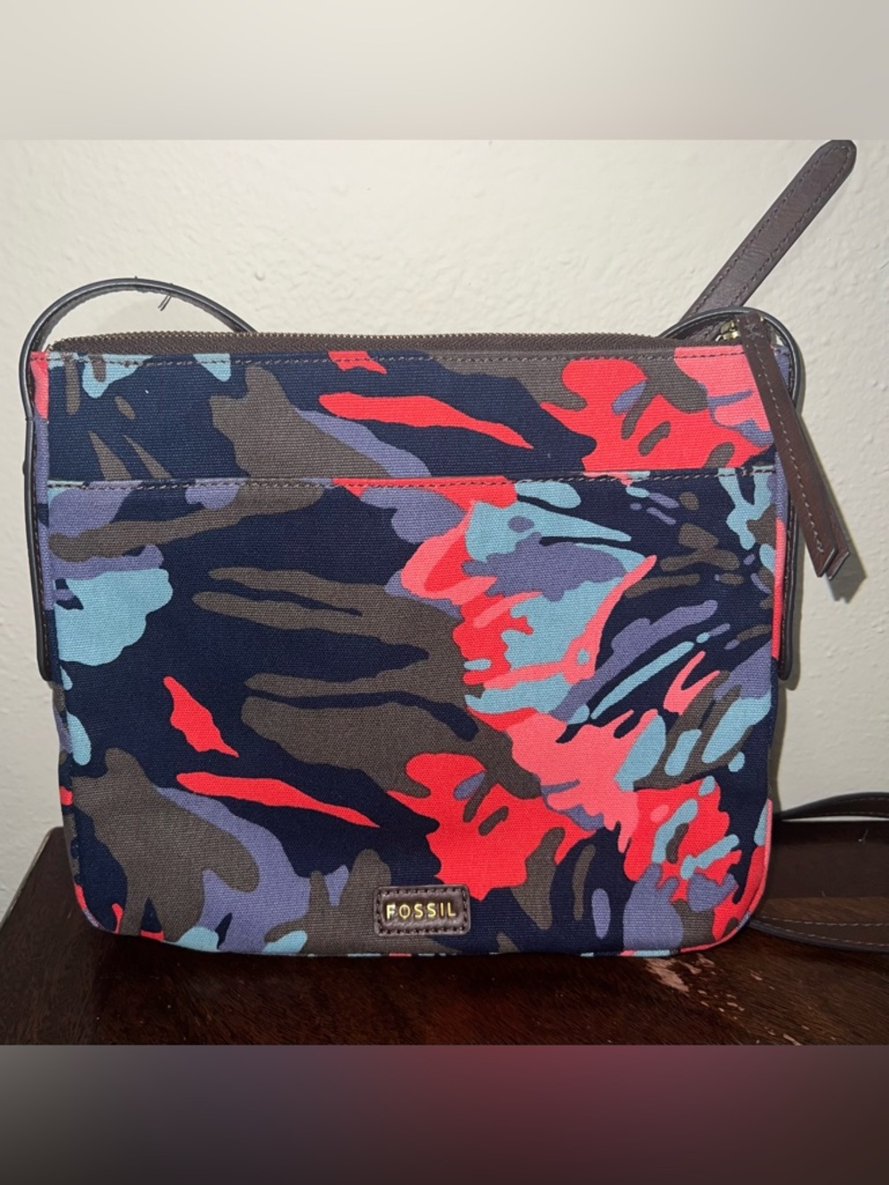 FOSSIL Jenna Multi Color Floral Canvas Key Brown Leather Crossbody Handbag *